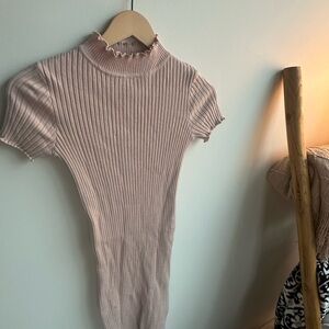 Ribbed Pink Short Sleeve Turtleneck Minidress